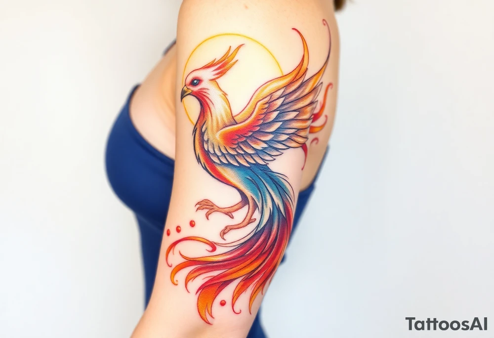 magnificent phoenix rising from golden flames with trailing embers tattoo idea