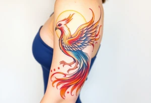 magnificent phoenix rising from golden flames with trailing embers tattoo idea