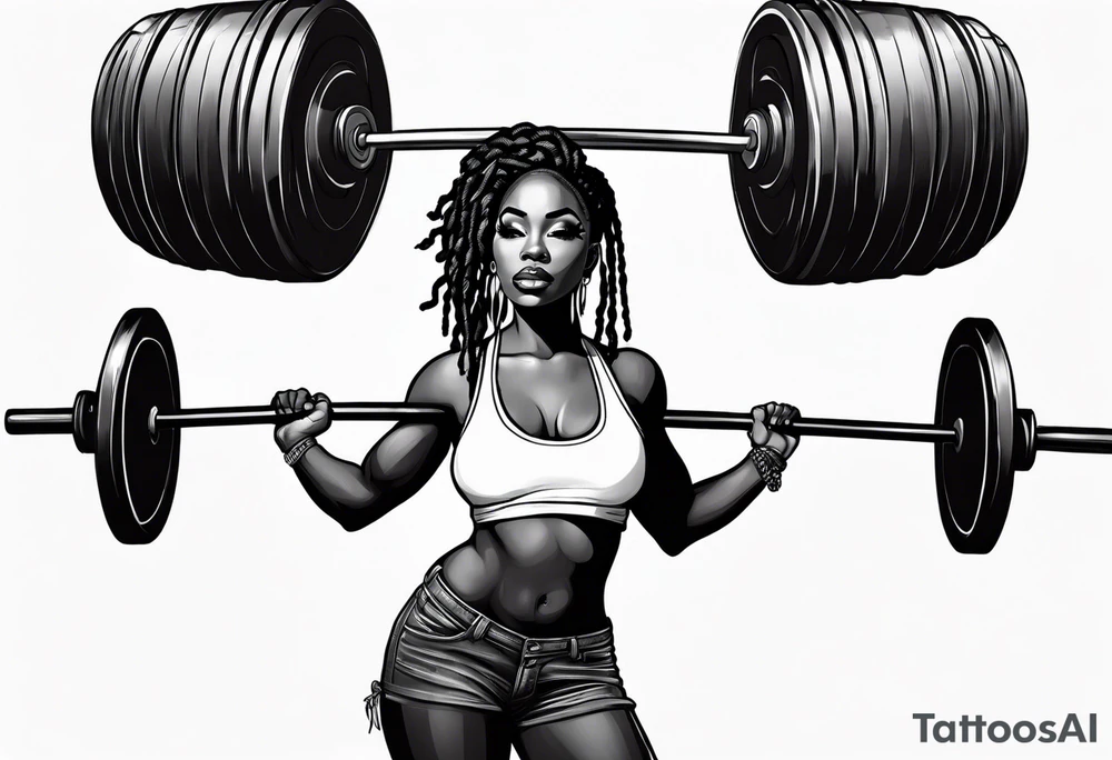 Black woman with locs whole body holding barbell tattoo idea