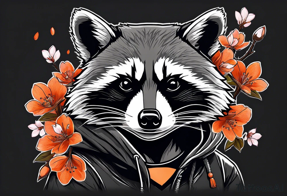 Raccoon wearing a white Superman logo on a black hoodie and orange Japanese cherry blossoms tattoo idea