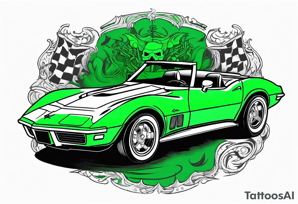 Skeleton smoking a cigarette driving a green 1976 convertible Corvette tattoo idea
