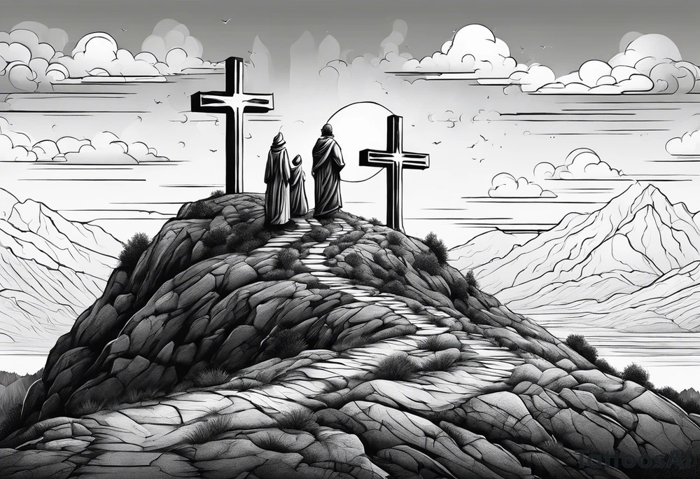 3 people on crosses on a hill facing west tattoo idea