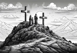 3 people on crosses on a hill facing west tattoo idea