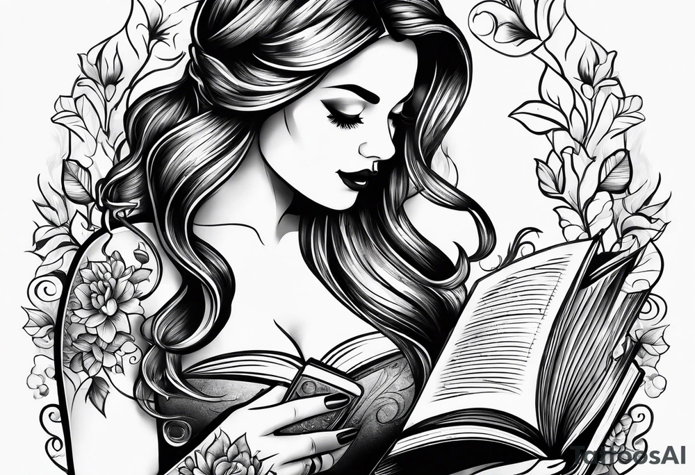 A women drinking wine and reading a book tattoo idea