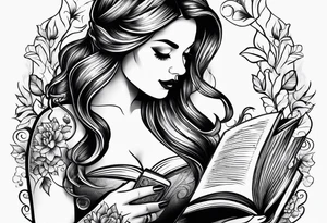 A women drinking wine and reading a book tattoo idea