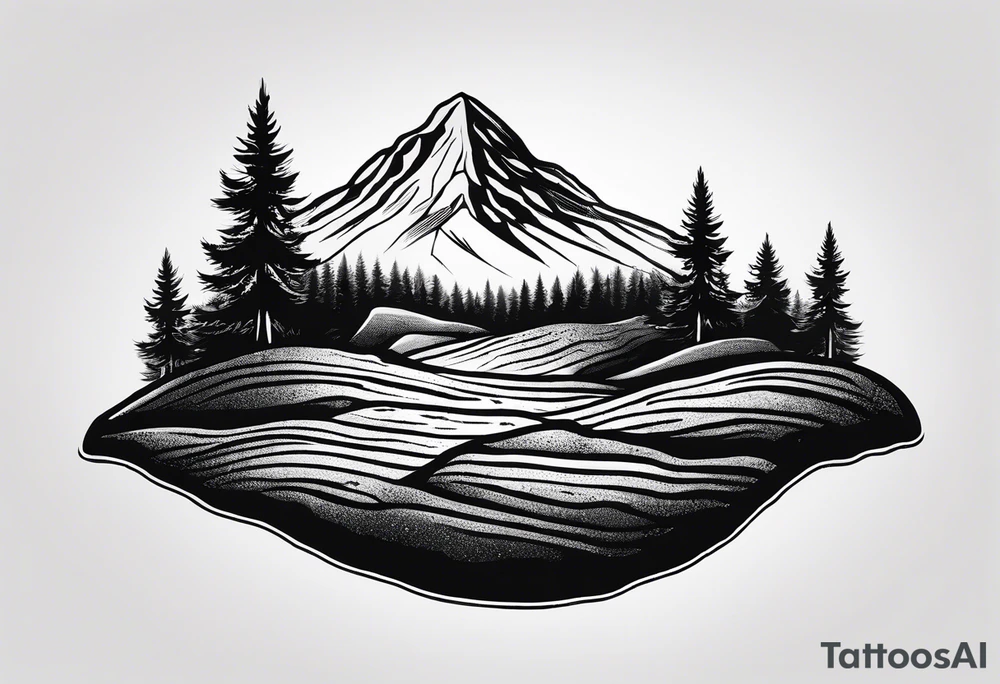 Create a tattoo of a flat topped rock Ebenezer with a base under the ground line that is pointed and deep, surrounded by freshly tilled and raked soil ready to be planted and under ground in front of the rock, a seed planted and pushing through the soil tattoo idea