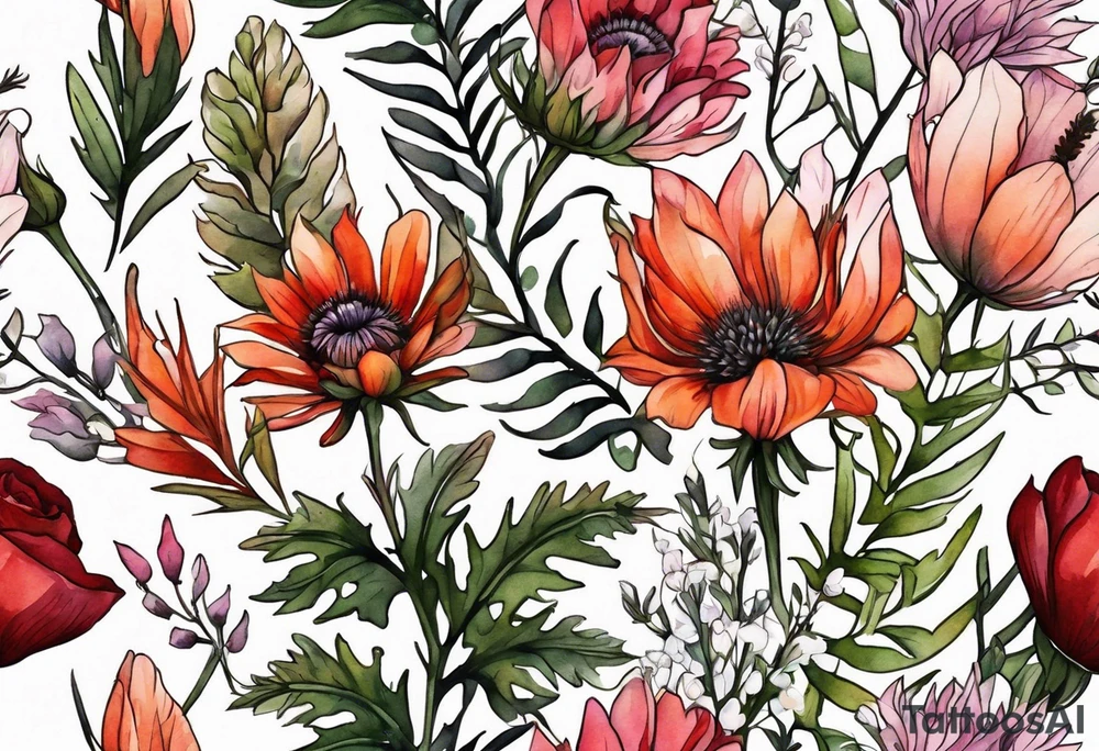 wildflowers with thistles, ferns, white flowers, cream flowers, pink flowers, burnt orange flowers, red flowers and all in watercolor tattoo idea