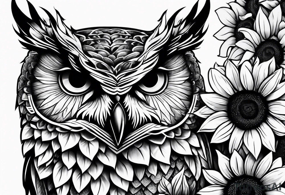 Black and white owl with sunflowers leg sleeve tattoo idea