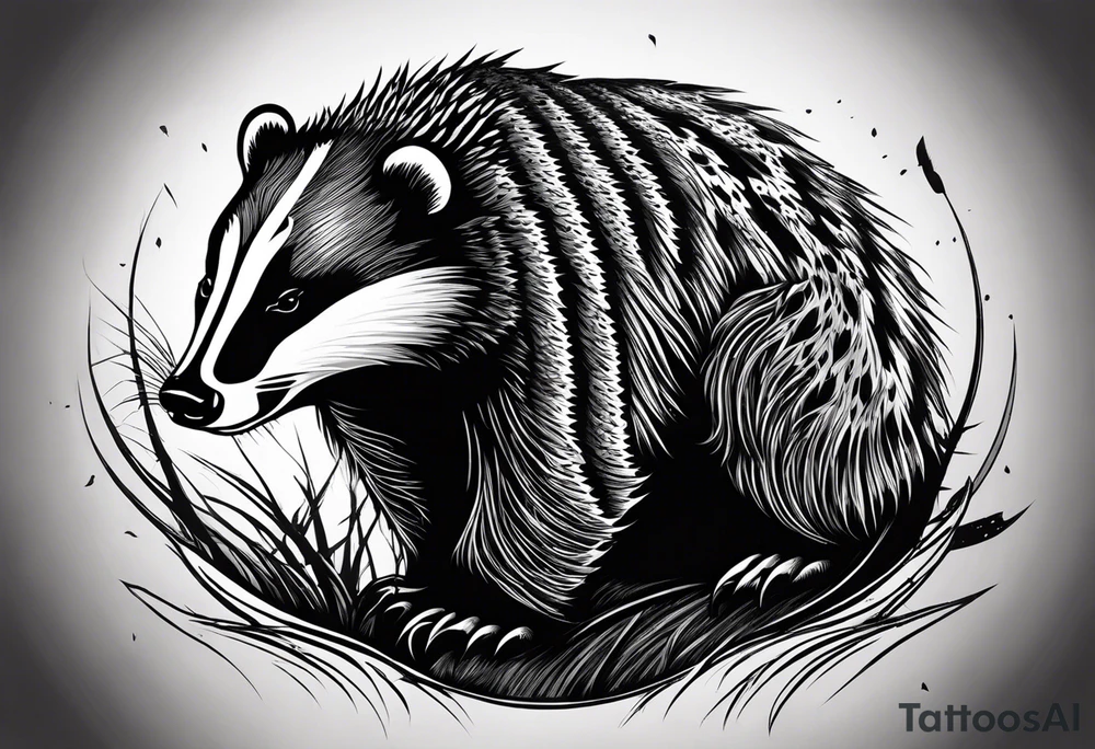 Draw me hunting badger with aggressive full body, killer face with a smile, very long nails and he attacks like a Turkish gladiator to enemy and also he has very deadly looking. The only weapon is his braveness he fights with his nails. Everybody scares after their first sight. And horror type Badger this is. tattoo idea