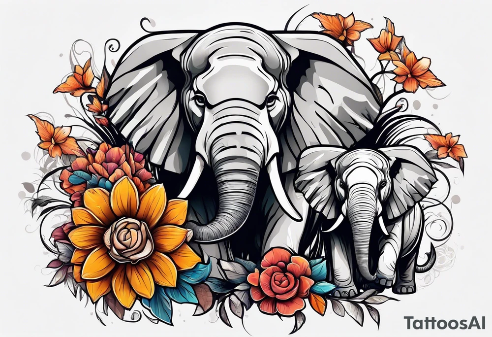 A lion a oak tree and a elephant with some flowers tattoo idea