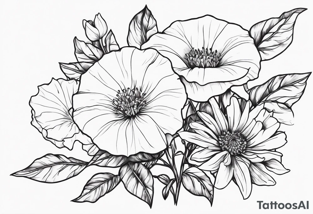 morning glory, and aster bouquet tattoo idea