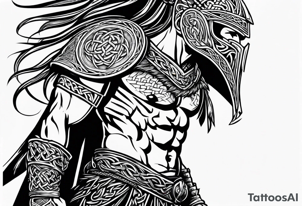 Side profile, full body of Celtic warrior with weapons unsheathed tattoo idea