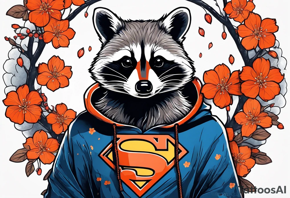 raccoon wearing a Superman hoodie with orange Japanese cherry blossoms tattoo idea