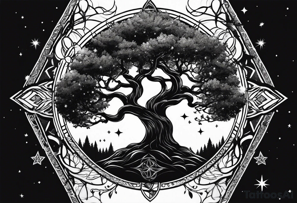 yggdrasil made of black space and stars tattoo idea