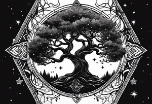 yggdrasil made of black space and stars tattoo idea