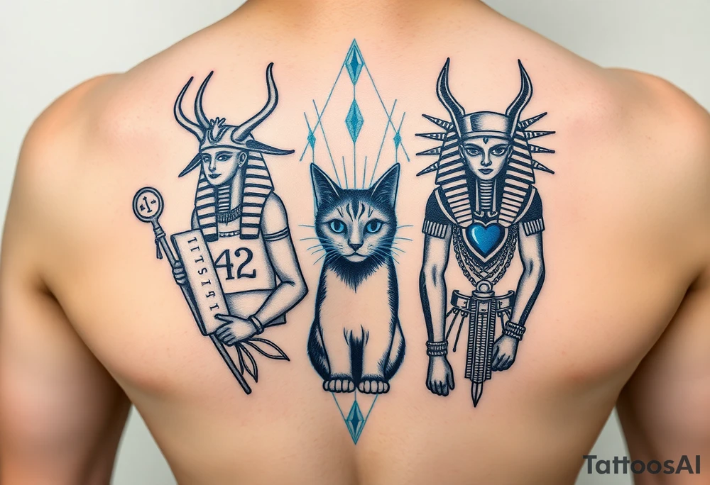 "Anubis split into two entangled versions:  
1. Ancient (holding papyrus with '42')  
2. Cyber (with quantum server instead of a heart)  
Between them: Schrödinger’s cat as a hologram.  

Style: Double exposure tattoo. Black/blue. Back piece." tattoo idea