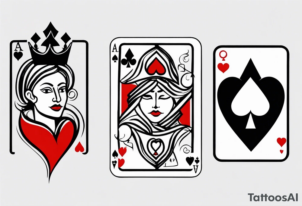 one combined tatto in minimalistic style with icon style three king of spades and icon style one queen of hearts. extreme minimalstic and few lines. much more minimalistic and fewer lines tattoo idea