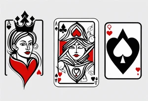 one combined tatto in minimalistic style with icon style three king of spades and icon style one queen of hearts. extreme minimalstic and few lines. much more minimalistic and fewer lines tattoo idea