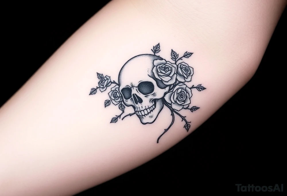 gothic skull intertwined with climbing roses and thorny vines tattoo idea
