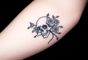 gothic skull intertwined with climbing roses and thorny vines tattoo idea
