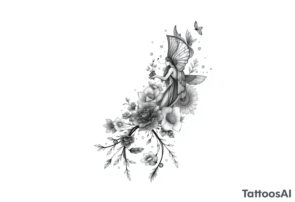 Magical mythical animal sleeve with fairies and flowers, including some geometric aspects tattoo idea