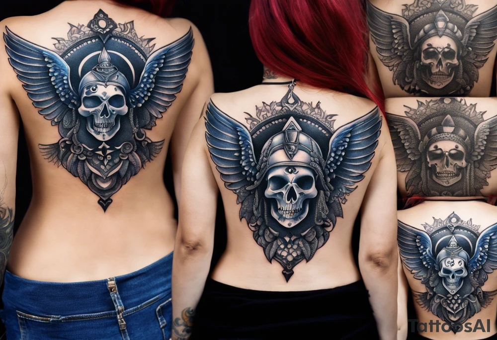 black kali, goddess pirate, alien, angel, pachamama, valkrye, warrior, flying, skull, lotus azul, wing, eagle, zenza resonance, stars, 5D, anahata chakra, death, durga, riding on a tiger, flying lady, kundalini, chest tatoo tattoo idea