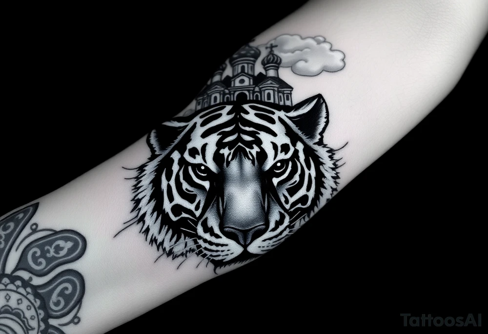 Realistic tiger face on the back of the hand with its eyes ALL black and no pupils, sitting beneath a Russian Orthodox cathedral sitting above on the top fore arm with onion domes and orthodox crosses. with clouds above and a virgin mary tattoo idea