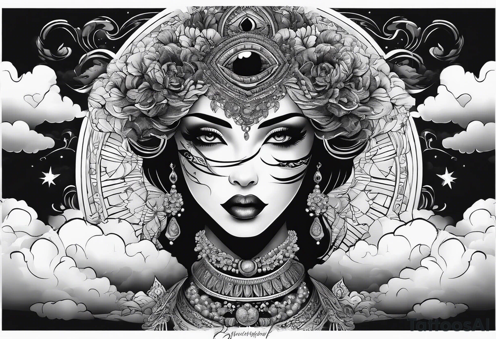 Face with eyes with background and clouds tattoo idea