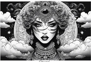 Face with eyes with background and clouds tattoo idea