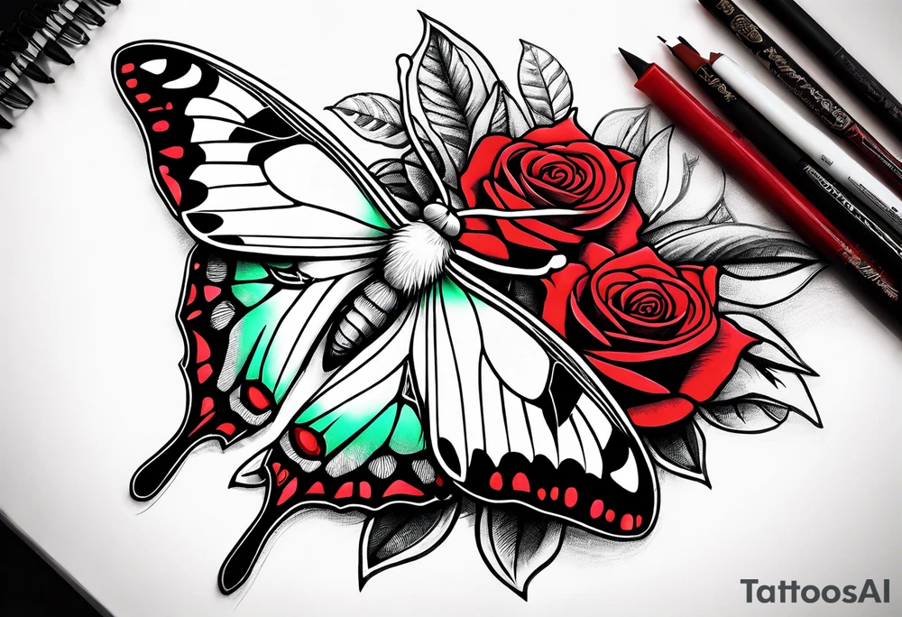 Luna moth three red roses tattoo idea