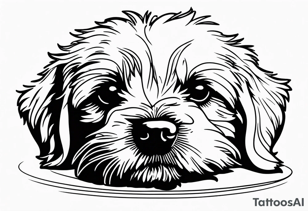 One line drawing of maltipoo laying down in a circle with his nose touching the floor tattoo idea