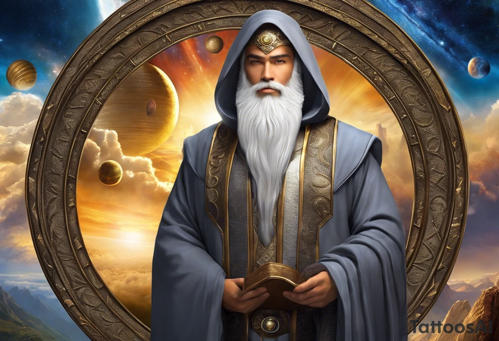 Jehovah looking out at the marvels of his creation from the atoms to the galaxy and celestial beings. With grey wash and a fantasy theme. Jehovah has to be a character who is so majestic, charismatic, immensely powerful. There isnt a single thing he isnt capable of doing. Infinitely powerful forward facing. Without the pagan styled attire and without the pagan symbols etcetera, shirtless, large muscular athletic physique, deep muscle definition tattoo idea