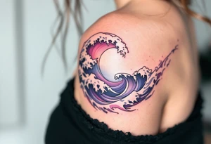 A pastel pink and purple wave dances around the shoulder, evoking a dreamy sunset surf. tattoo idea