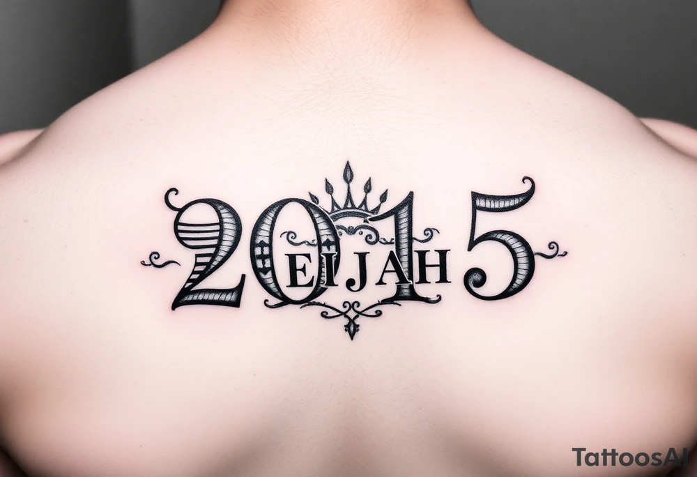 ROMAN NUMERALS equalling the year 2015, with an elegant name of ELIJAH placed within the center of the roman numerals tattoo idea