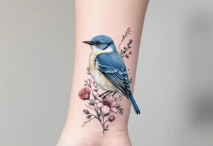 Puffy bluebird surrounded by wild flowers tattoo idea