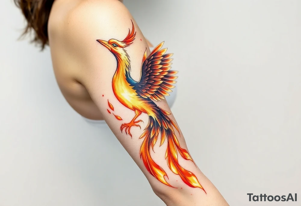 magnificent phoenix rising from golden flames with trailing embers tattoo idea