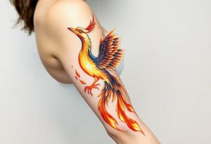 magnificent phoenix rising from golden flames with trailing embers tattoo idea