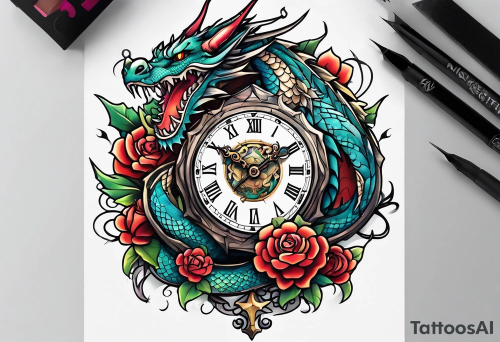 Dragon kawaii , clock, cross tattoo idea
