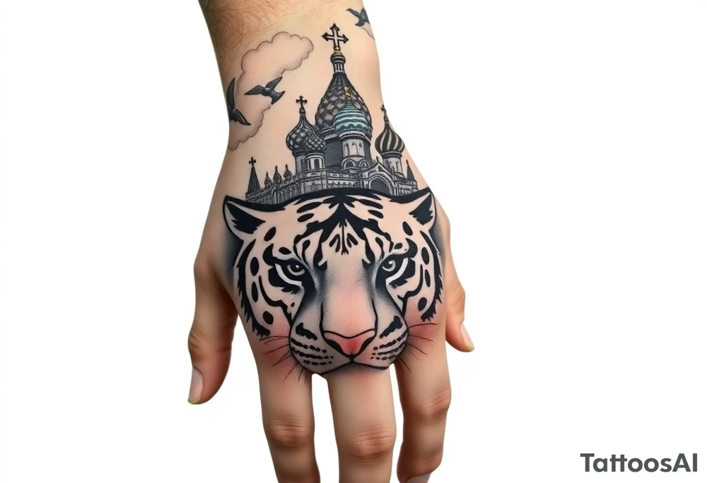 Realistic tiger face on the back of the hand with strong contrast and fine detail with all black eyes. then a highly detailed Russian Orthodox cathedral sitting above on the top fore arm with onion domes and orthodox crosses, done in fine line, engraving-like style. Cohesive composition, black ink only, no color, high contrast, slightly aged, documentary-style, plain light background. with clouds above and a virgin mary tattoo idea