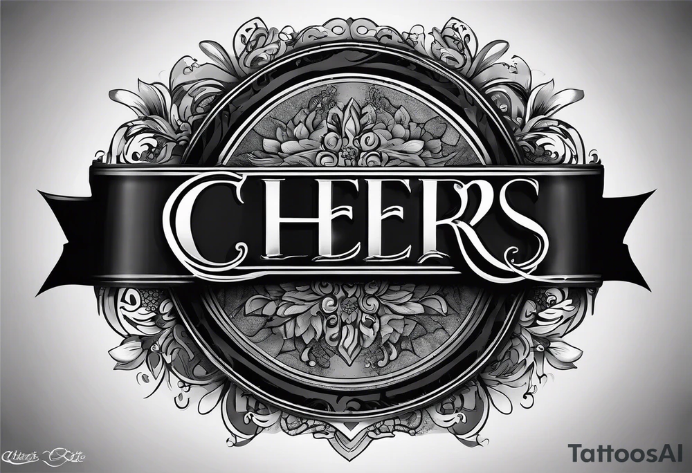 "Cheers Mate" text black and grey ink armband, intricate, artistic +abstract +grey Cancer Ribbon tattoo idea