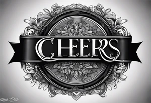 "Cheers Mate" text black and grey ink armband, intricate, artistic +abstract +grey Cancer Ribbon tattoo idea