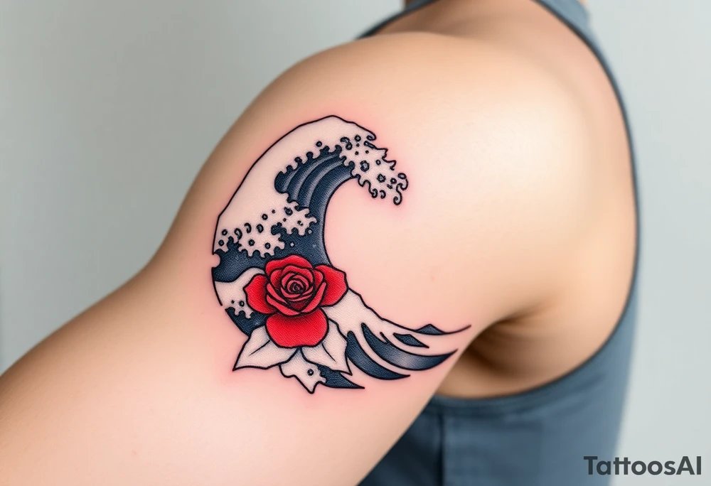 The Great Wave off Kanagawa With a red rose in the curve of the wave tattoo idea