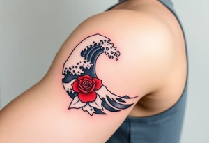 The Great Wave off Kanagawa With a red rose in the curve of the wave tattoo idea