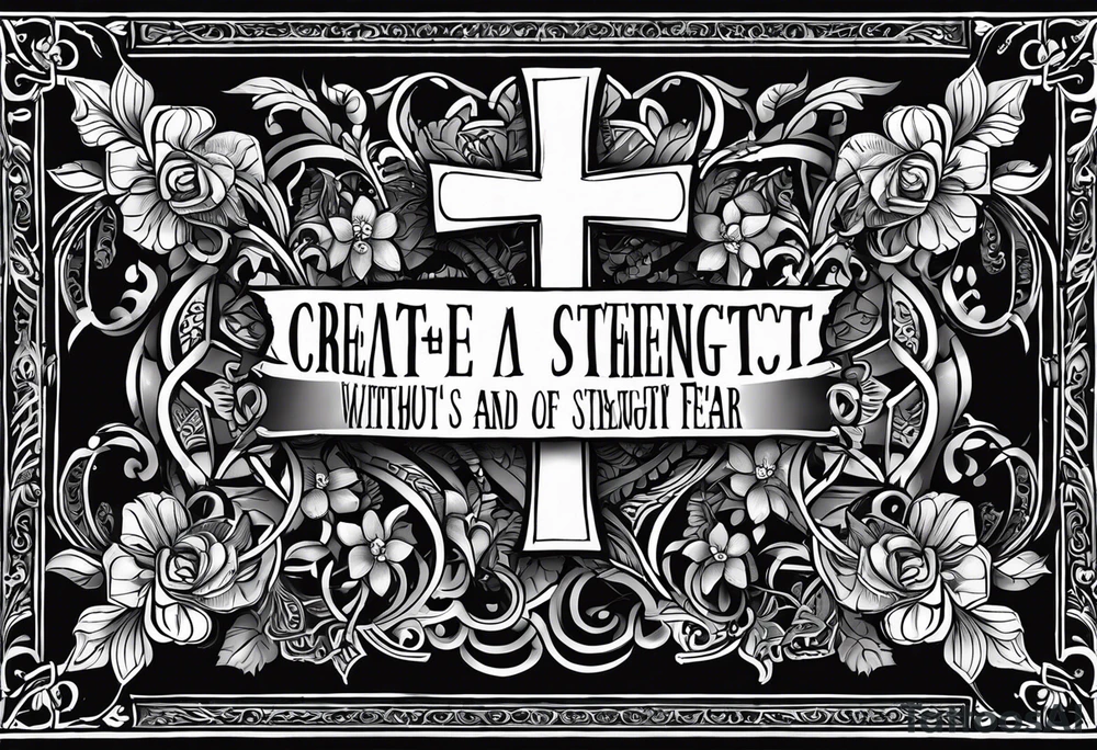 Create a small wrist sized tattoo that has Proverbs 31:25 "She is clothed with strength and dignity, and she laughs without fear of the future"

I would like a cross with text wrapped around it tattoo idea