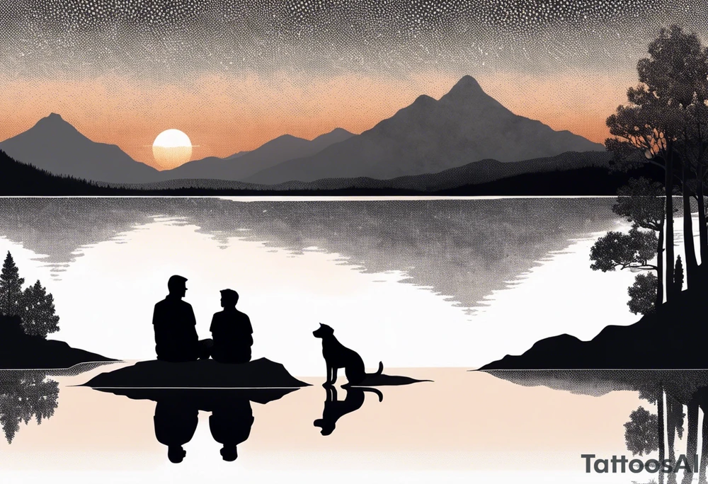 nature, sunset, mountains, a father and son sitting with their dog and cat 
by the water tattoo idea