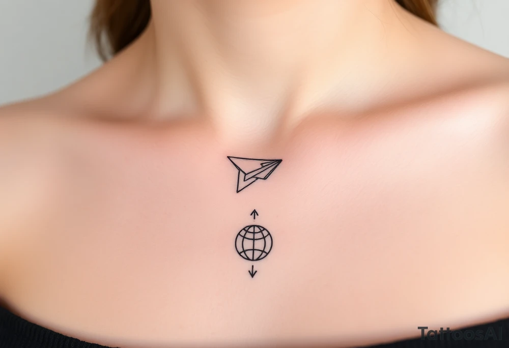 Line tattoo scene with paper plane, globe, play symbol, pause symbol, stop symbol, rewind symbol, mental health awareness tattoo idea