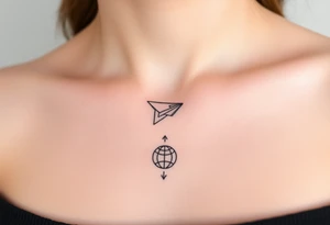 Line tattoo scene with paper plane, globe, play symbol, pause symbol, stop symbol, rewind symbol, mental health awareness tattoo idea