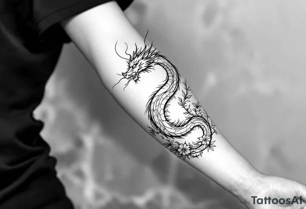 un dragon central entouré de fleurs de lys tattoo idea