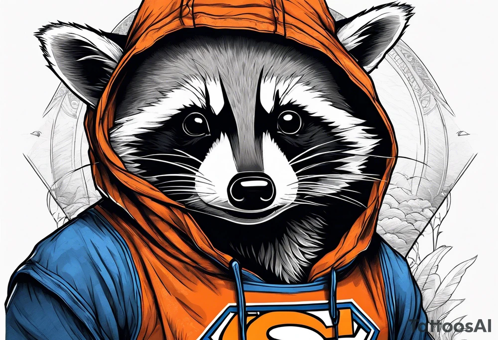 Raccoon wearing an orange Superman hoodie tattoo idea
