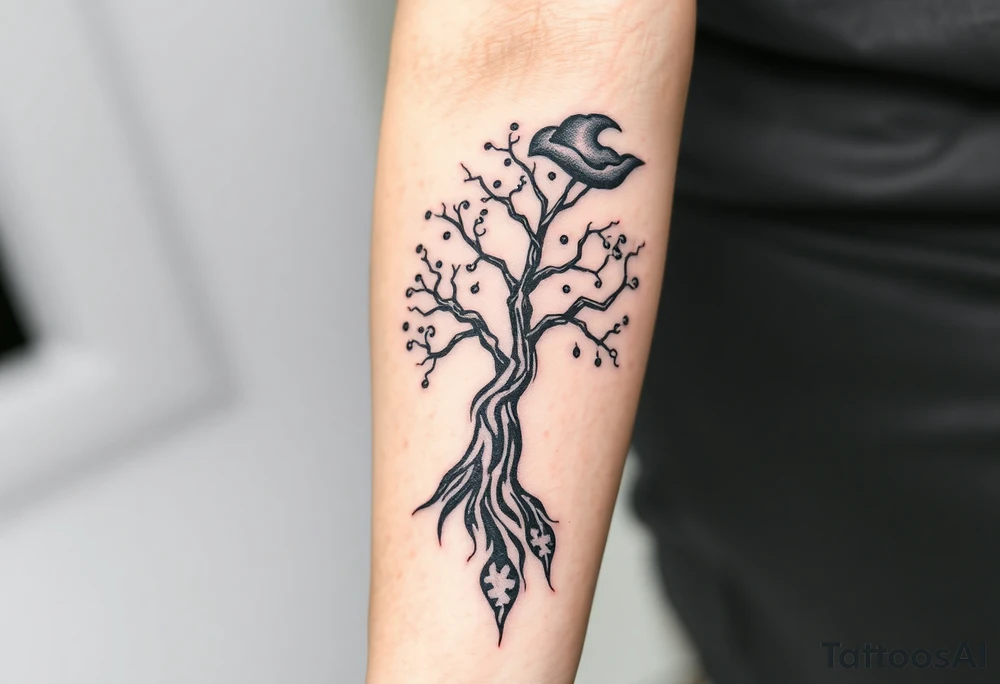 right arm sleeve, tree branch made of stone, clouds and lightning mixed throughout, tattoo idea